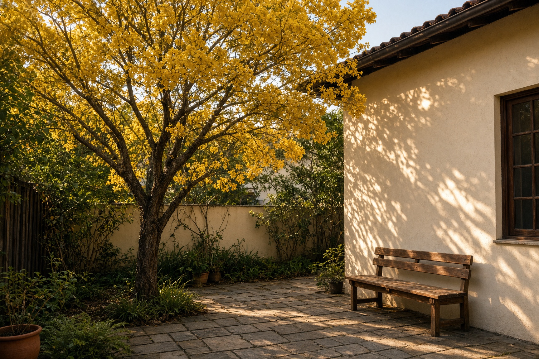 Jardim da sede, com ipê amarelo e um banco